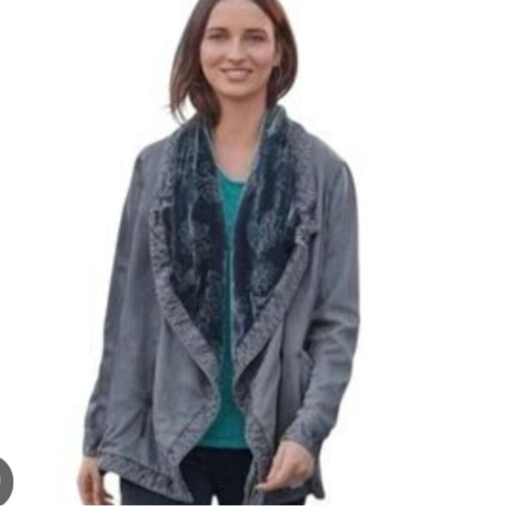 Sundance Jacket Medium Gray Blue Velvet Trim Draped Convertible Moto Boho